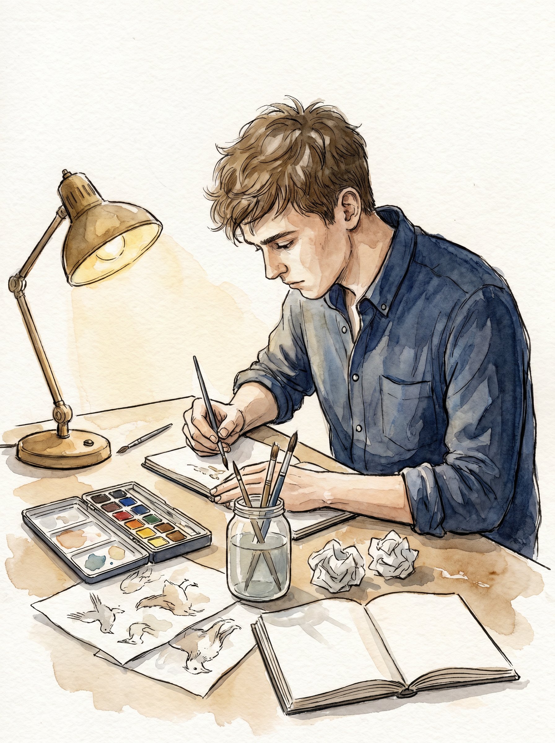 Ilustrator przy biurku maluje akwarelami szkice ptaków, otoczony farbami i notatnikami